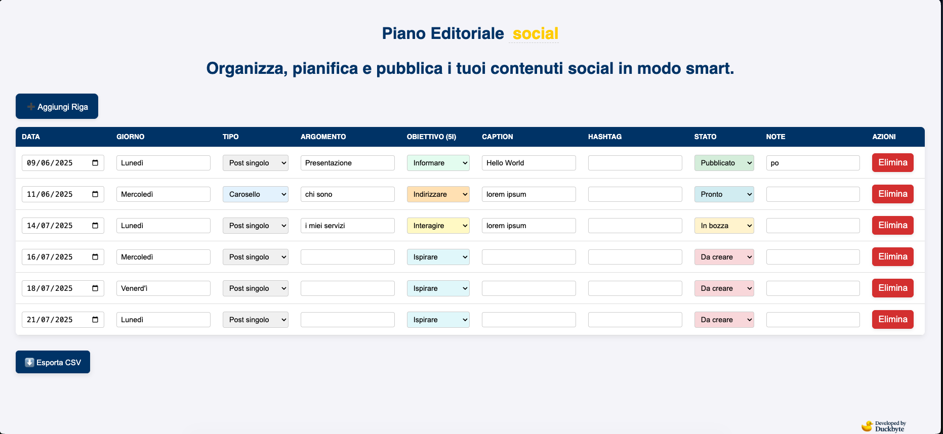 Piano Editoriale Social